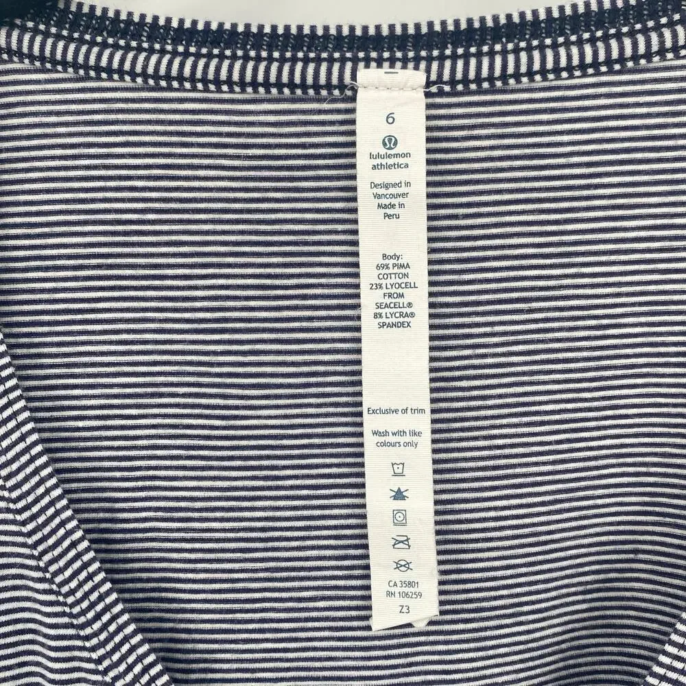 Lululemon Tonka Striped Cadet Blue & White Go Go V Neckline T-Shirt Size 6